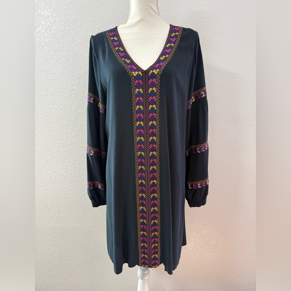 WRANGLER L Black Embroidered Geometric Shift Dress Rayon Long Balloon Sleeve